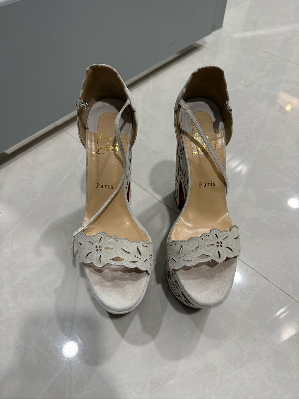 Christian Louboutin White Floral Cutout Platform Sandals